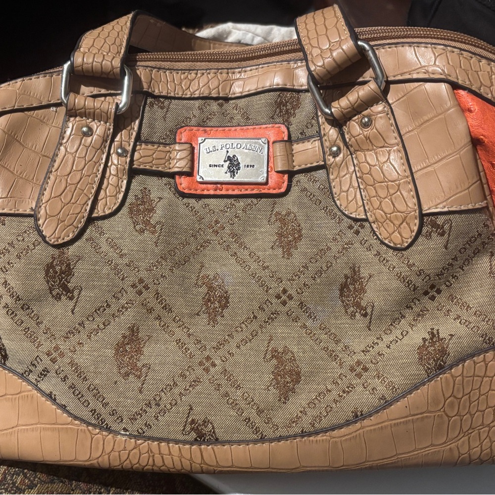 U.S. Polo Assn. Tan and Orange Quilted Shoulder Bag with Leather Trim